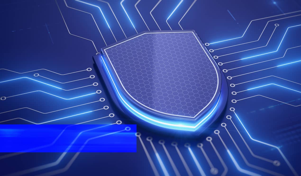 A digital shield icon sits at the center of a glowing circuit board graphic, representing cybersecurity and secure mobile automation software for connected automation solutions.