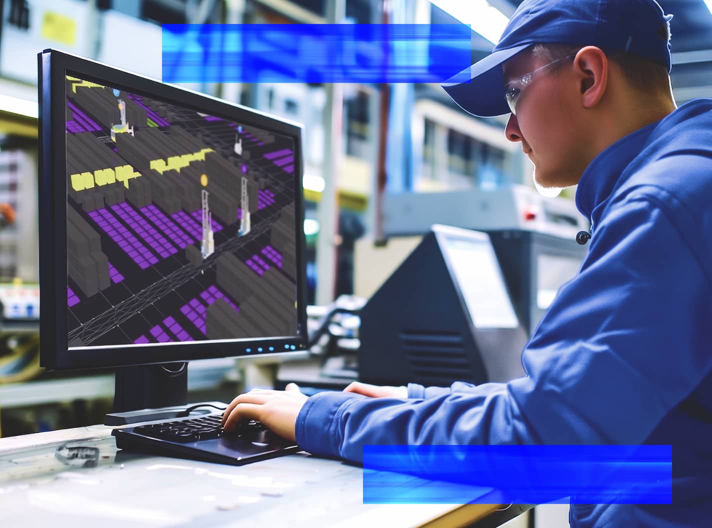 A technician monitors warehouse on a computer screen, using Formova mot.os.