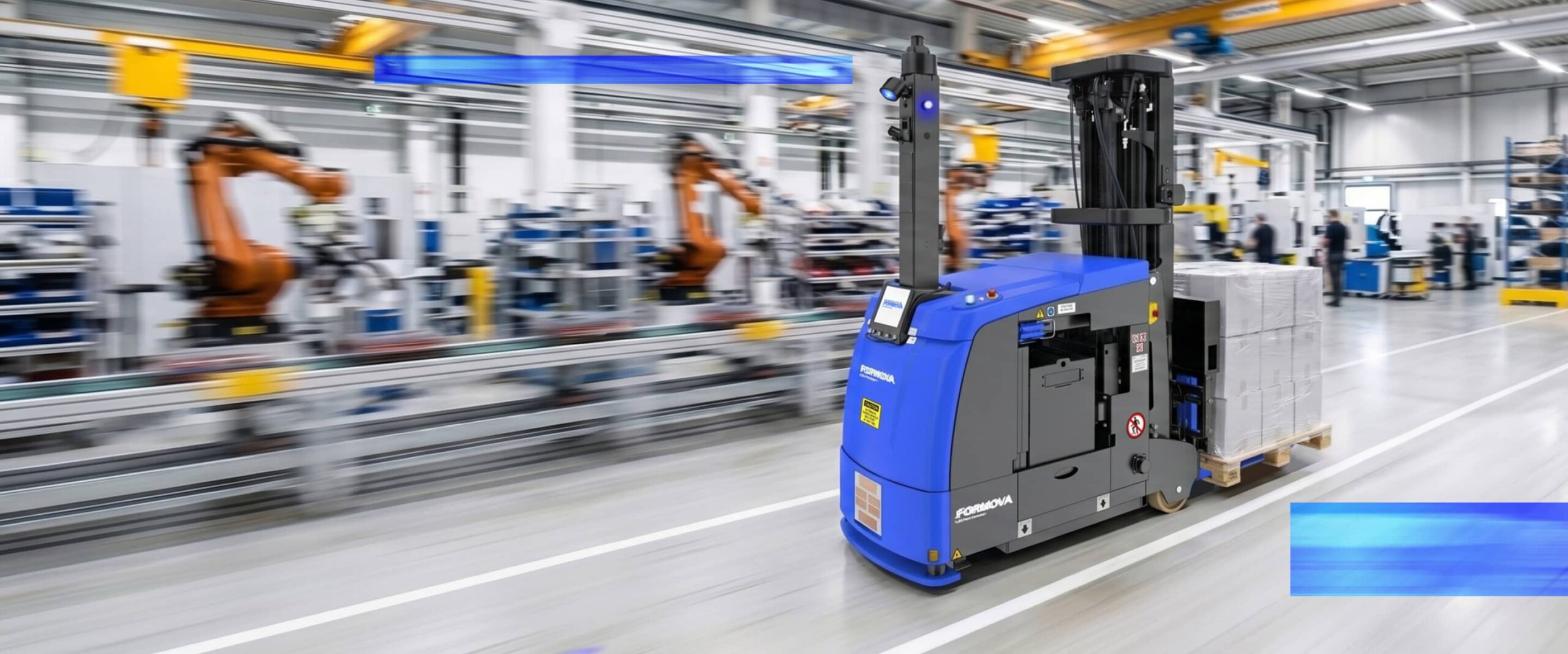 Formova CB2500 automated guided vehicle (agv) moves through warehouse area.