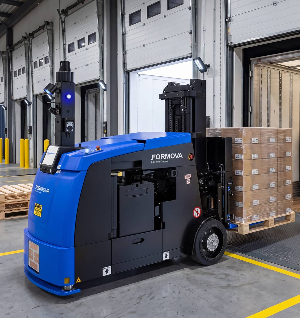 Formova ATL automated guided vehicle (agv) moves through warehouse area.