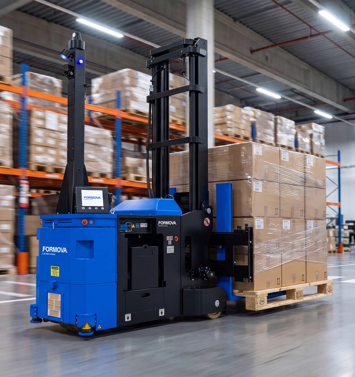 Formova CB4500 automated guided vehicle (agv) moves through warehouse area.