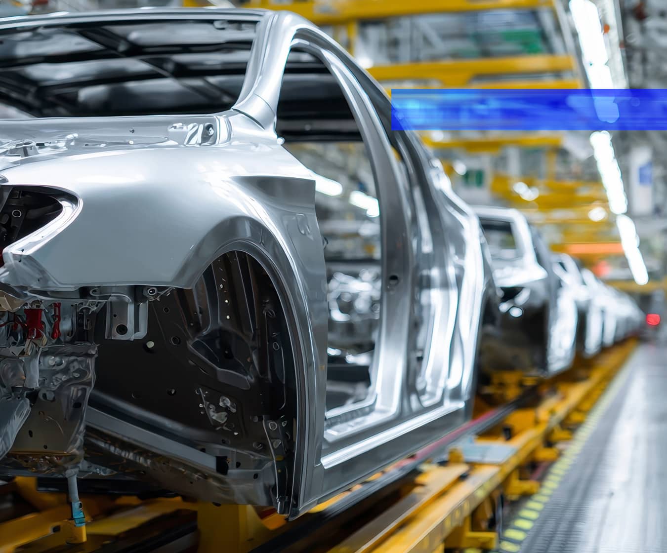 Des carrosseries partiellement assemblées avancent sur une chaîne de montage automobile.