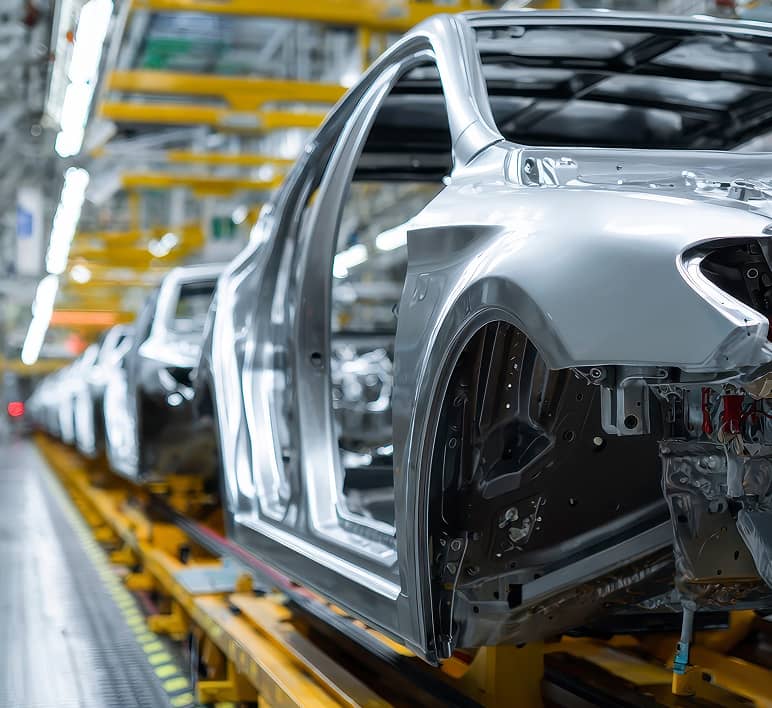 Partially assembled vehicle bodies move along an automotive production line.