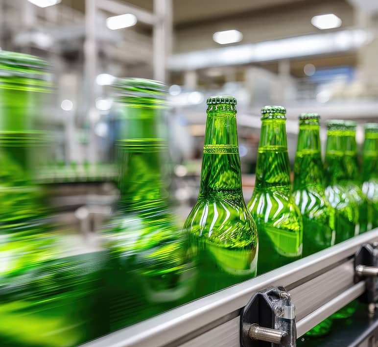 Green glass bottles move along a production conveyor in a beverage facility, showcasing automation for food and beverage companies.