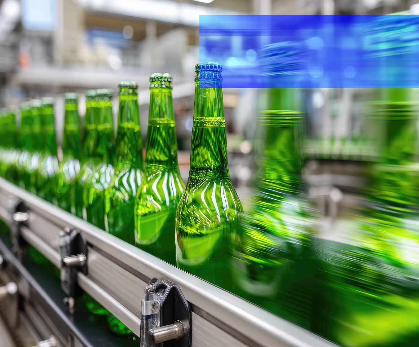 Green glass bottles move along a production conveyor in a beverage facility, showcasing automation for food and beverage companies.