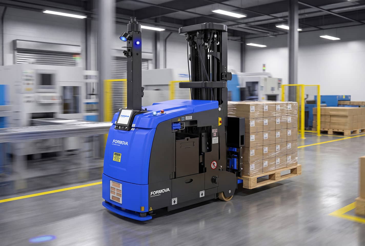 Ein fahrerloses Transportfahrzeug (FTF) vom Typ Formova CB1500 transportiert eine Palette durch eine Produktionshalle.