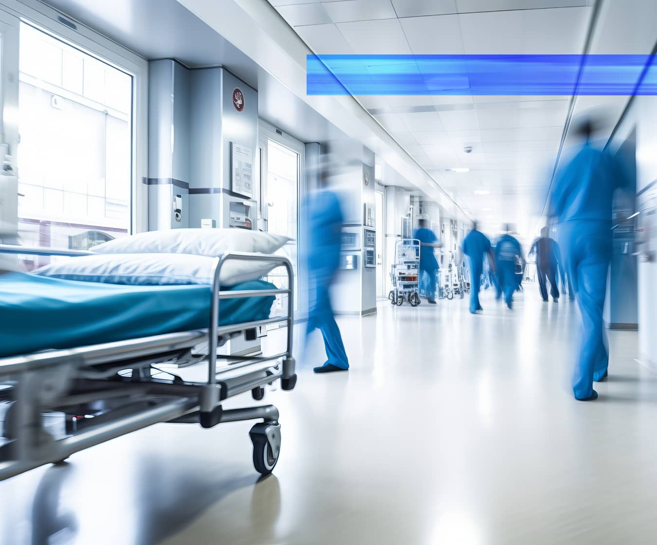 Le personnel hospitalier se déplace dans un couloir très fréquenté de l'établissement, à côté du lit d'un patient.