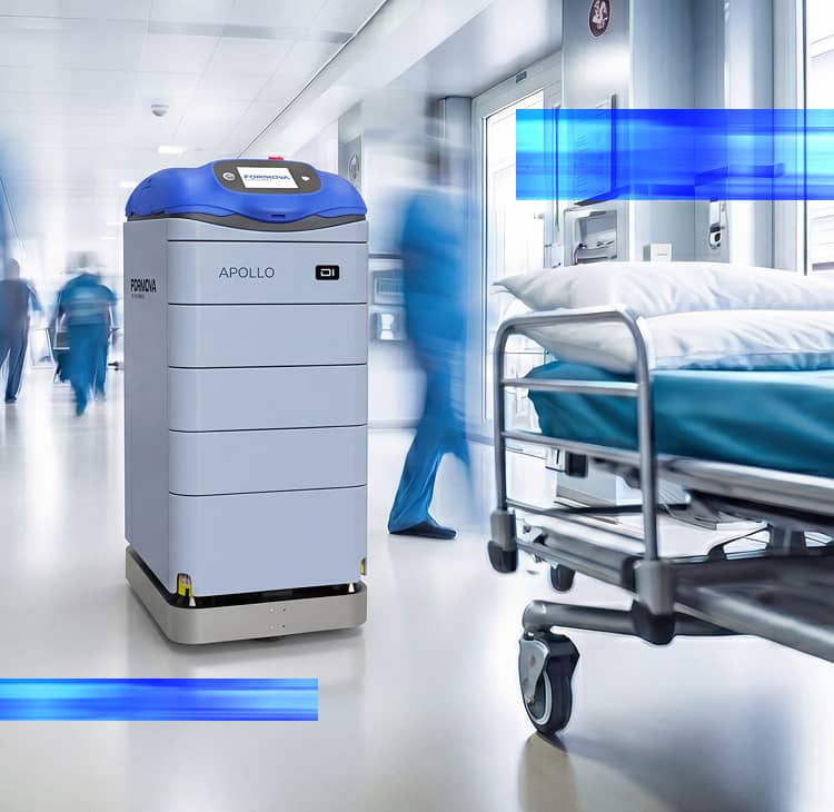 Un véhicule à guidage automatique (agv) Formova Apollo, dans un environnement hospitalier