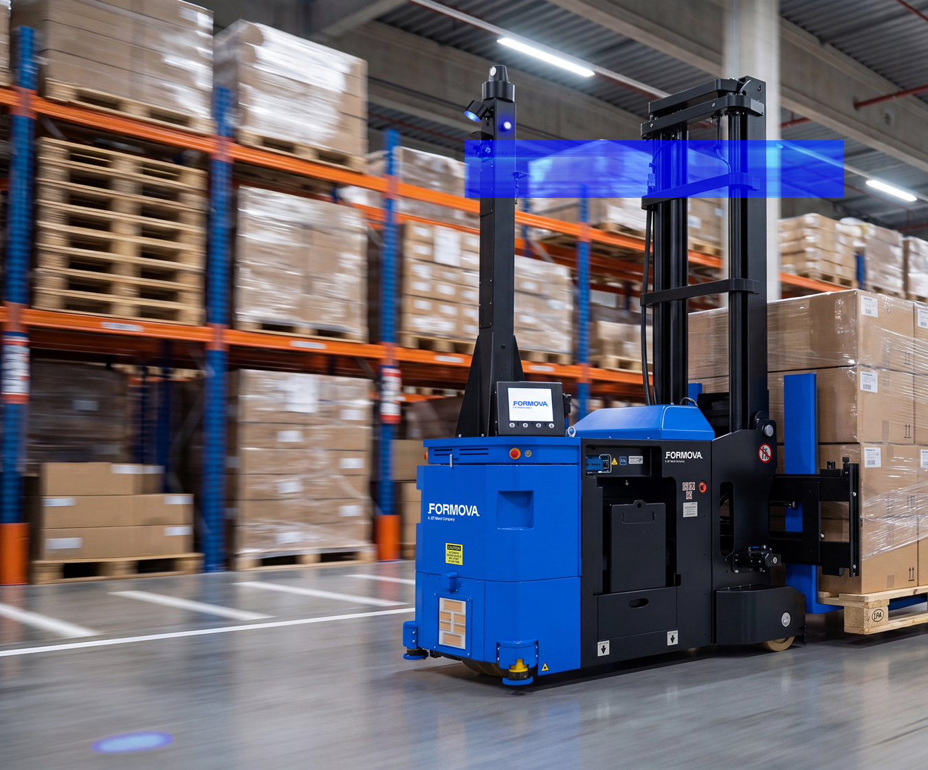 Formova CB4500 automated guided vehicle (AGV) in warehouse.