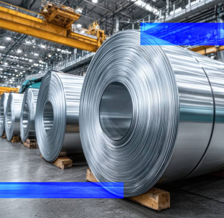 Rolled sheet metal coils in a large industrial manufacturing facility.