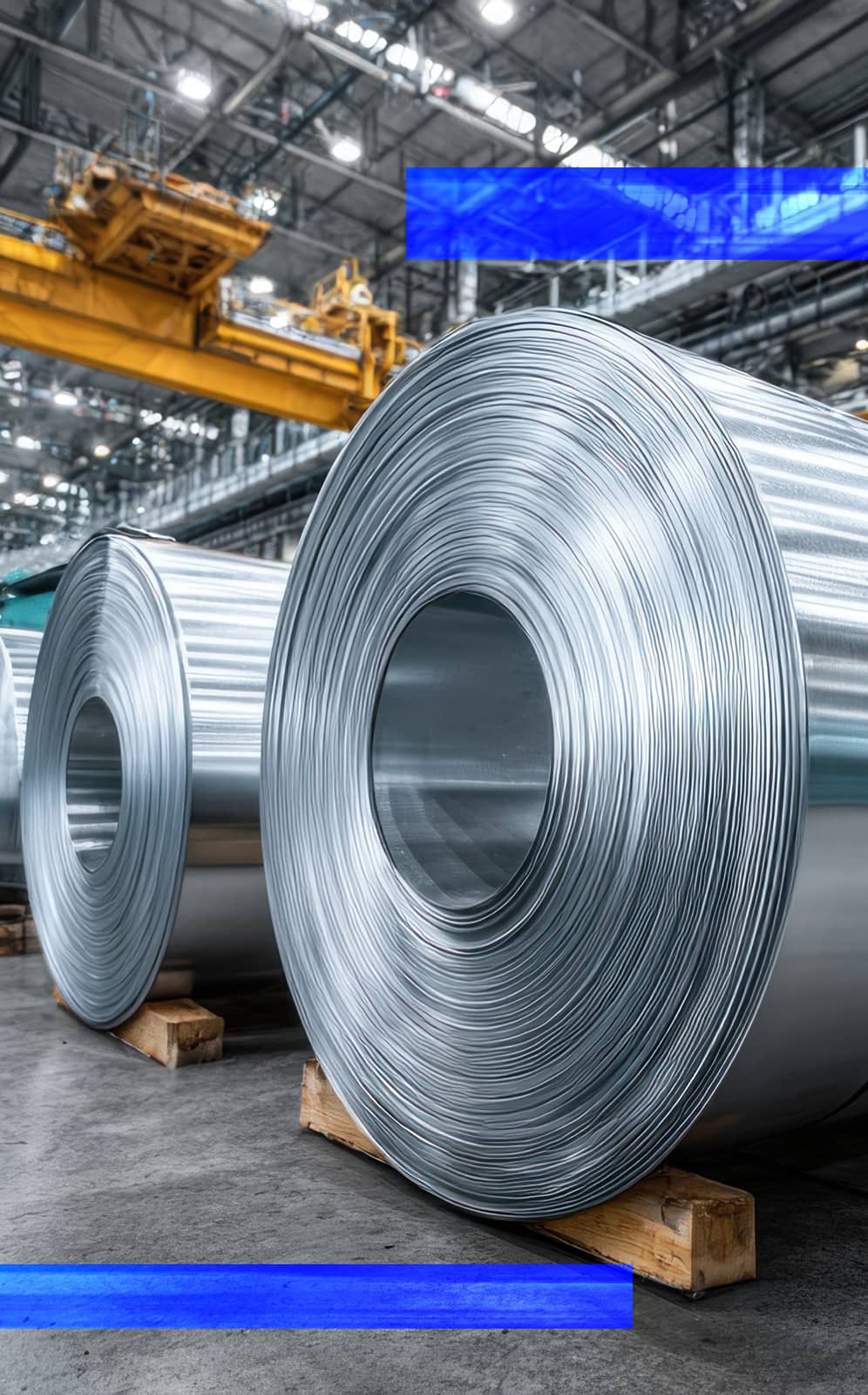 Rolled sheet metal coils in a large industrial manufacturing facility.