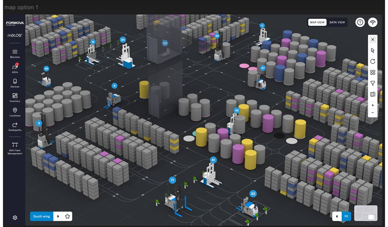 Facility map displaying automated guided vehicles (agvs), inventory locations, and real-time operational activity.