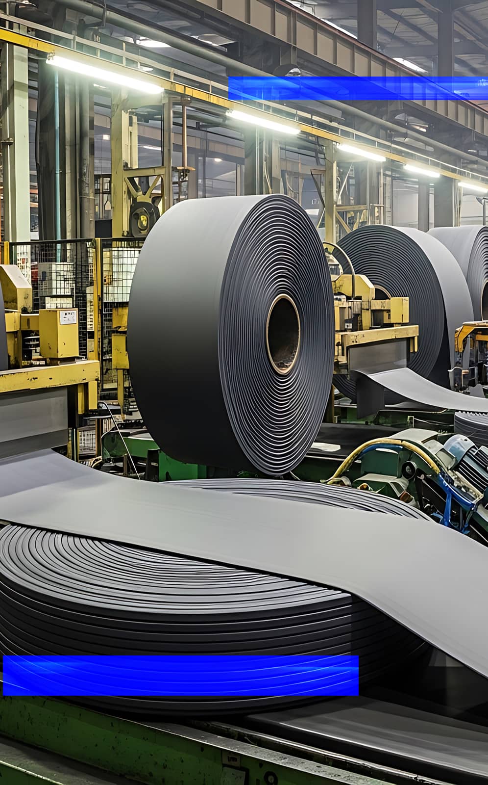 Rubber coils moving through a manufacturing facility.