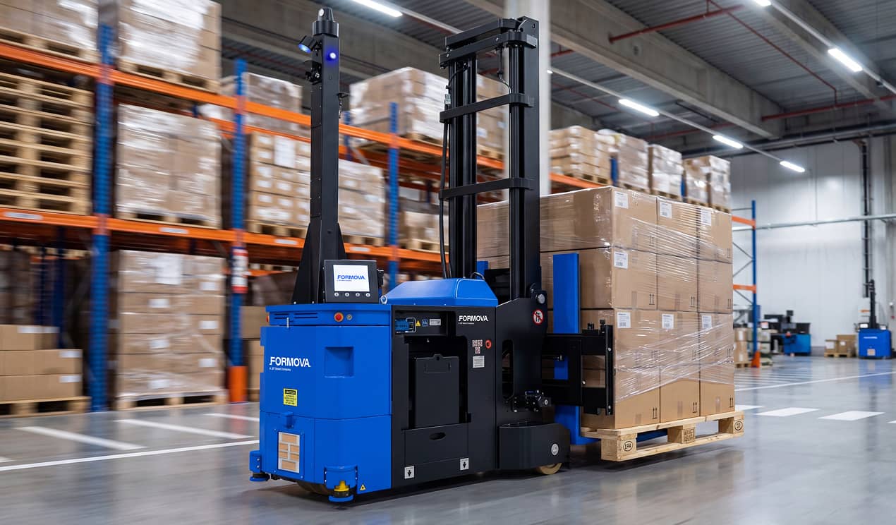 A Formova CB4500 automated guided vehicle (agv) transports a pallet through a warehouse aisle