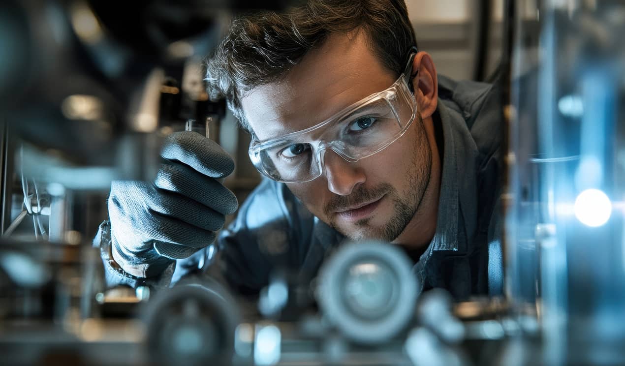 Close-up of a skilled technician wearing safety glasses and protective gloves inspecting equipment