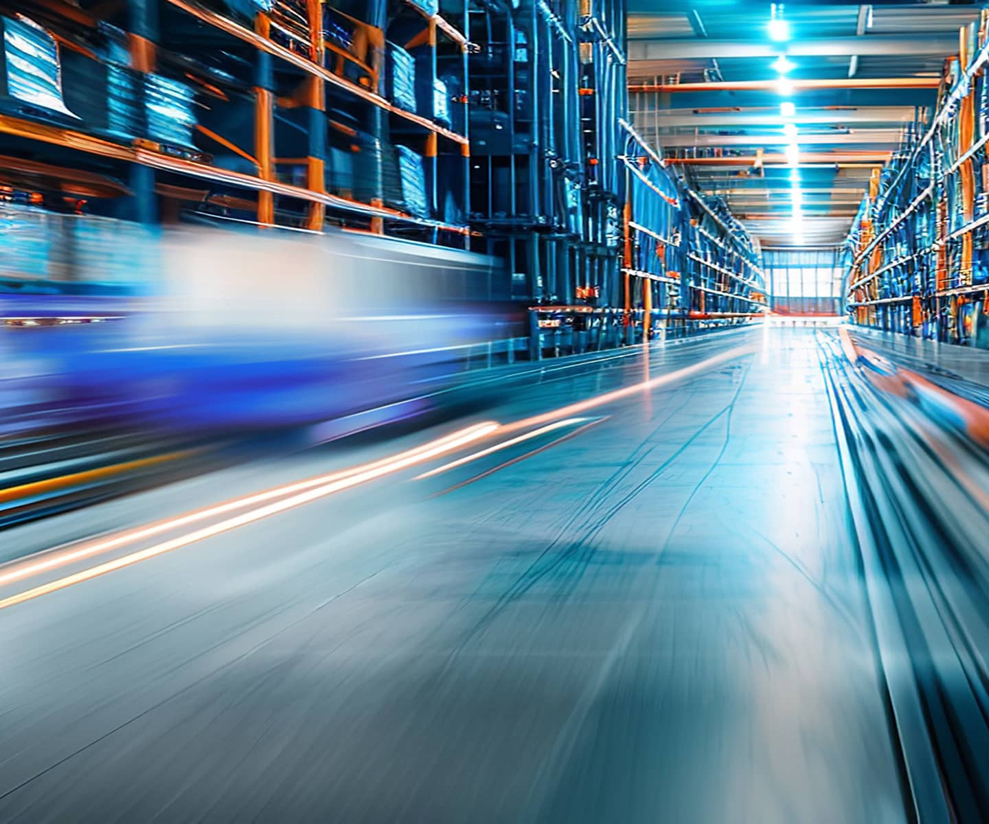 High-speed Automated guided vehicle (agv) moving through a warehouse aisle