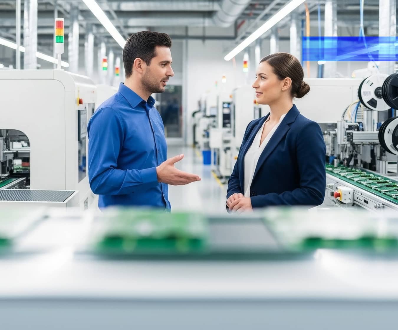 Two professionals discuss operations on a production floor beside automated equipment