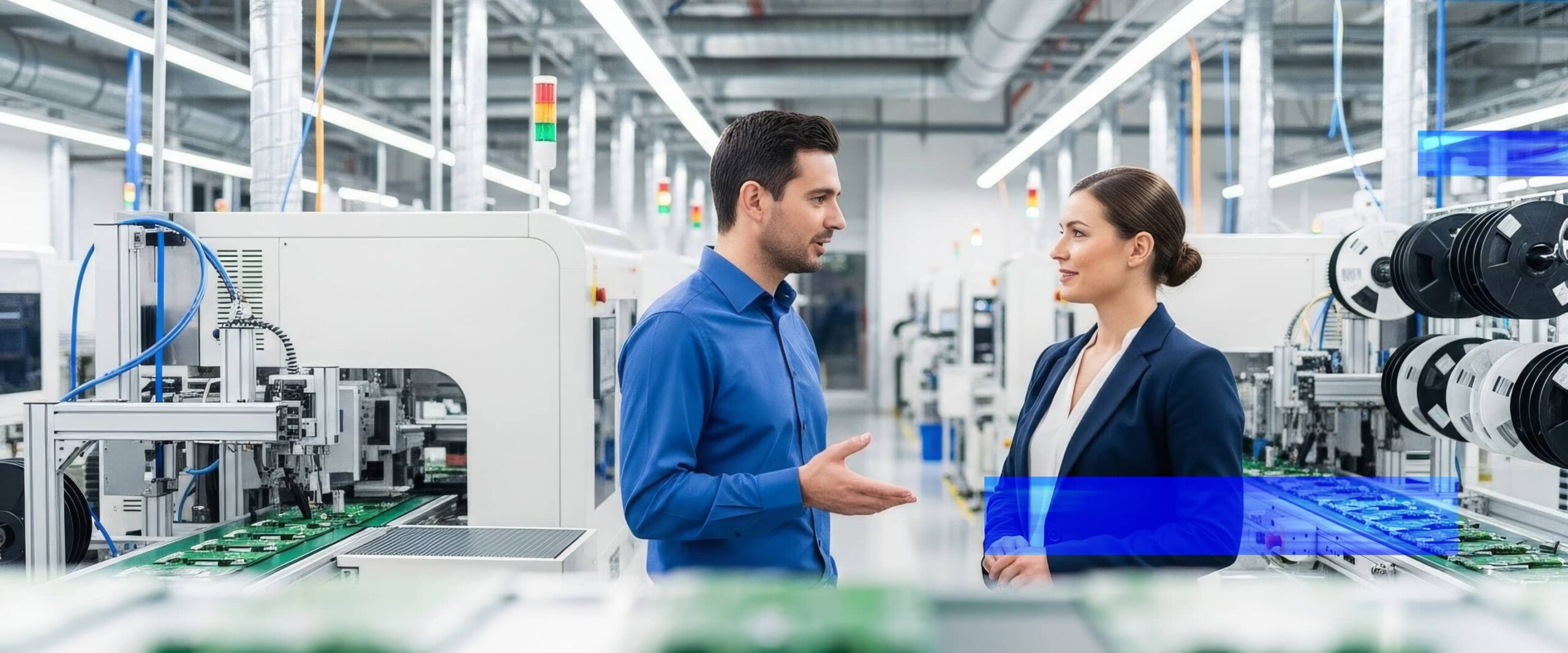 Two professionals discuss operations on a production floor beside automated equipment