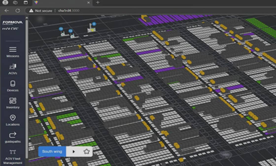 Facility map displaying automated guided vehicles (agvs), inventory locations, and real-time operational activity.