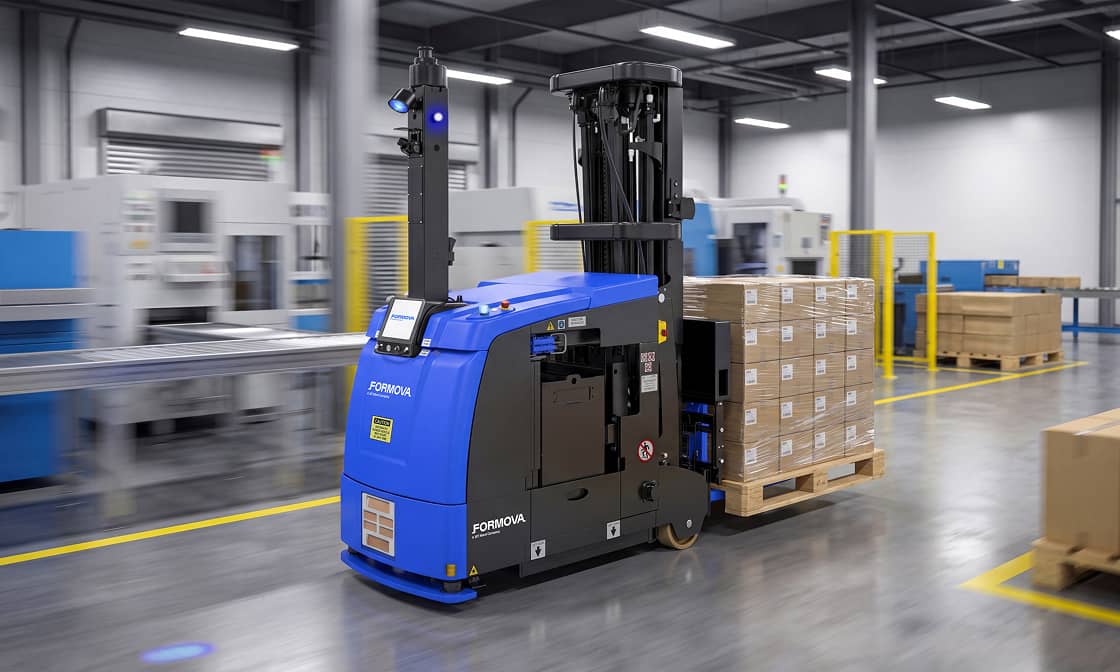 A Formova CB1500 automated guided vehicle (agv) transports a pallet through a manufacturing facility.