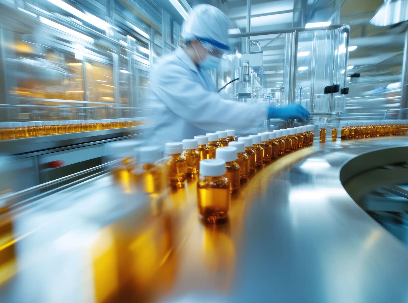 Pharmaceutical vials move through an automated production system, demonstrating automation for the pharmaceutical industry.