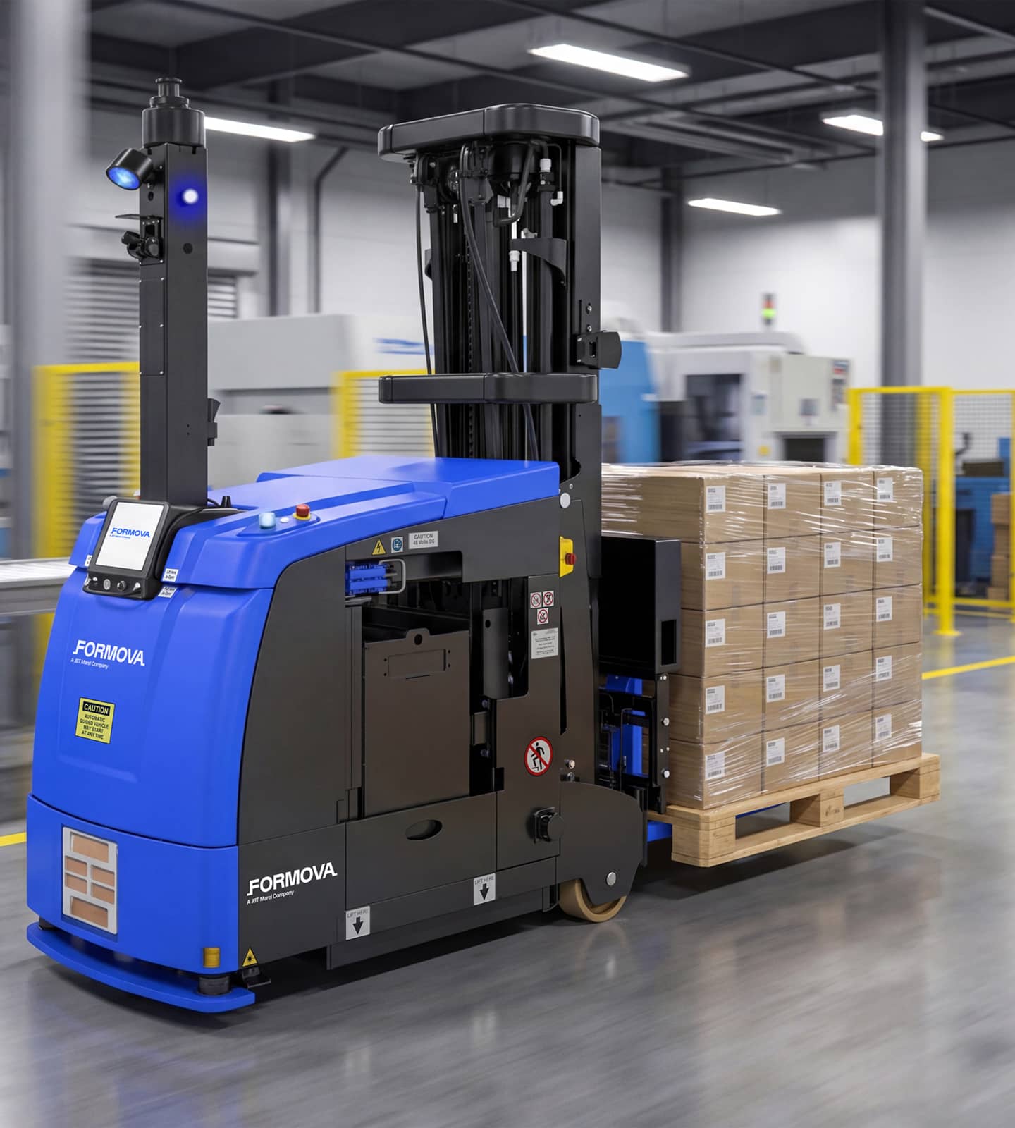A Formova CB1500 automated guided vehicle (agv) transports a pallet through a manufacturing facility.