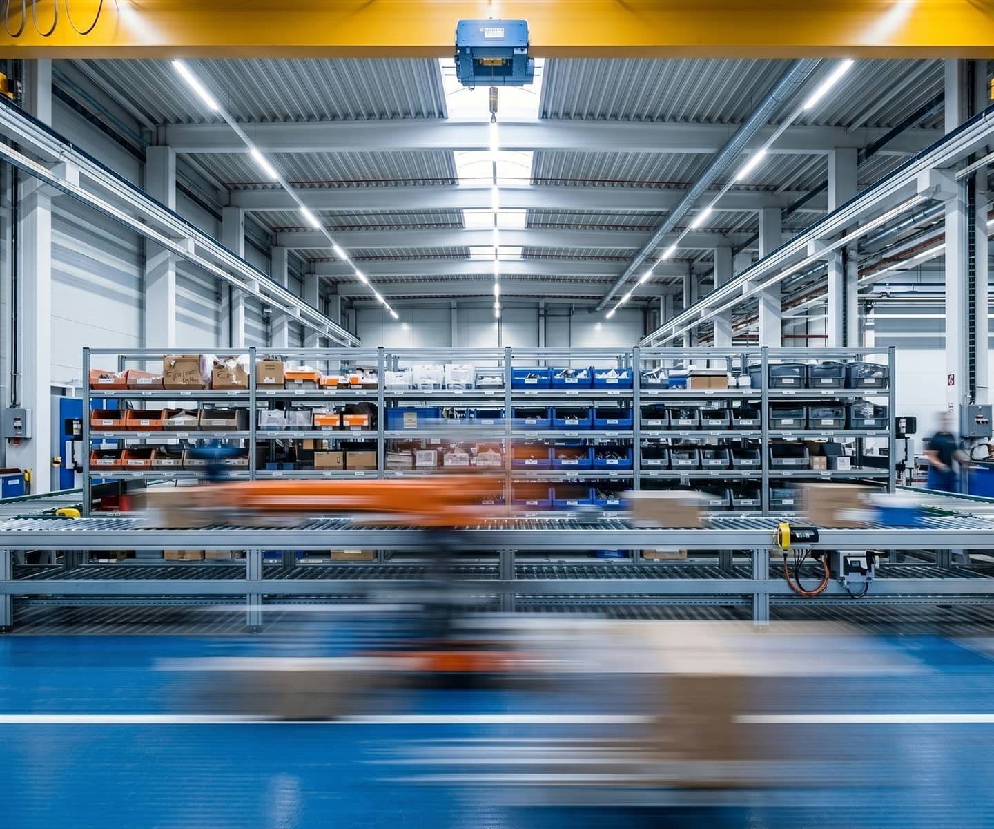 Automated guided vehicles transport products through a warehouse environment.
