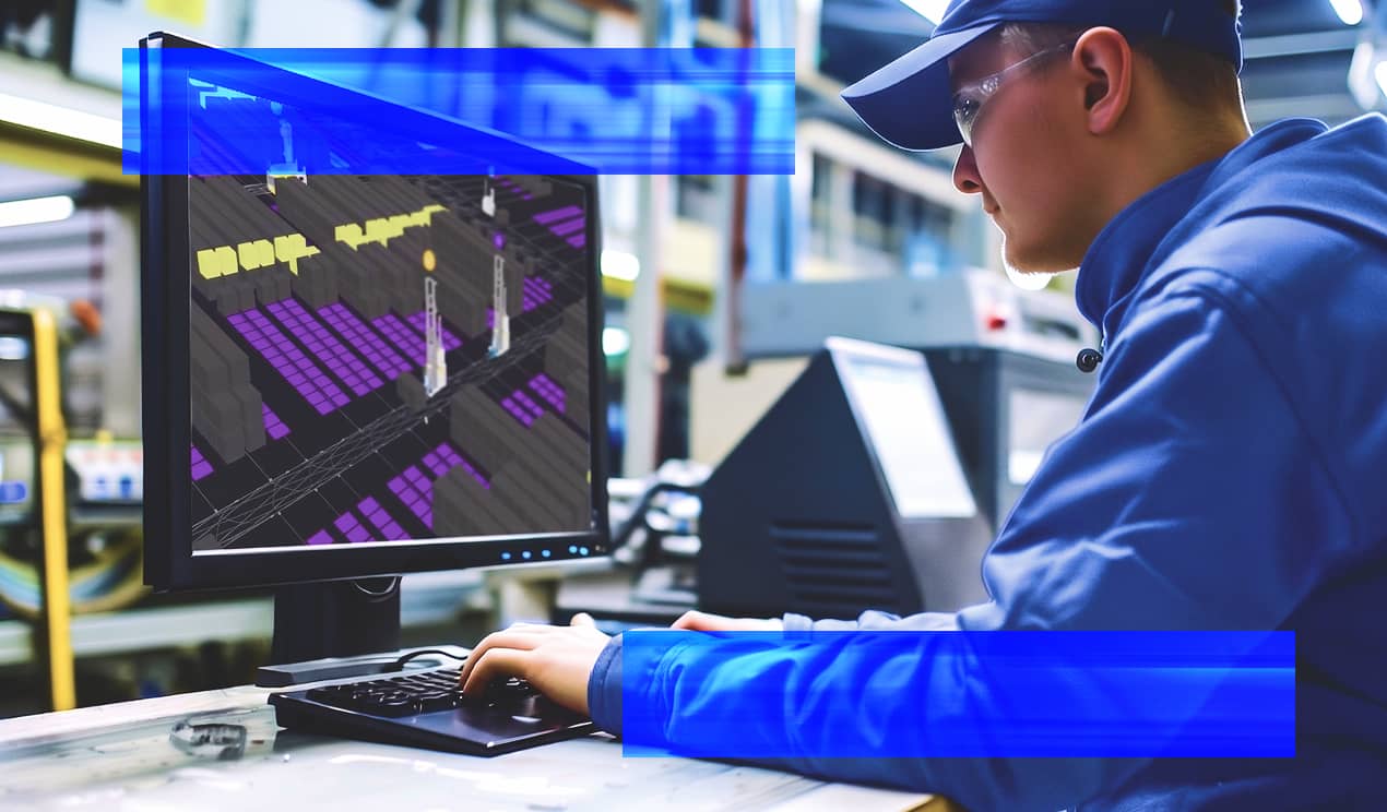 A technician monitors warehouse on a computer screen, using Formova mot.os.